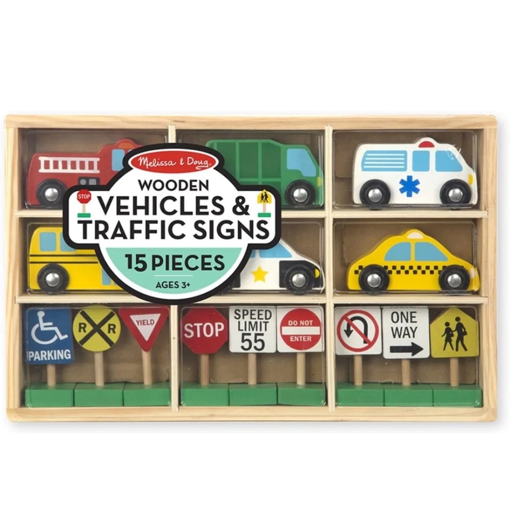Melissa & Doug Wooden Vehicles and Traffic Signs With 6 Cars and 9 Signs